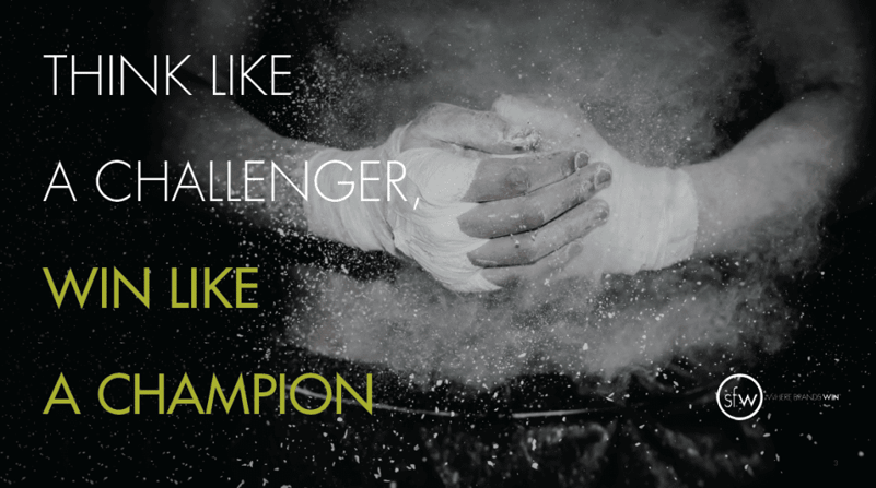 Photo with Sales Factory message saying think like a challenger, win like a champion.