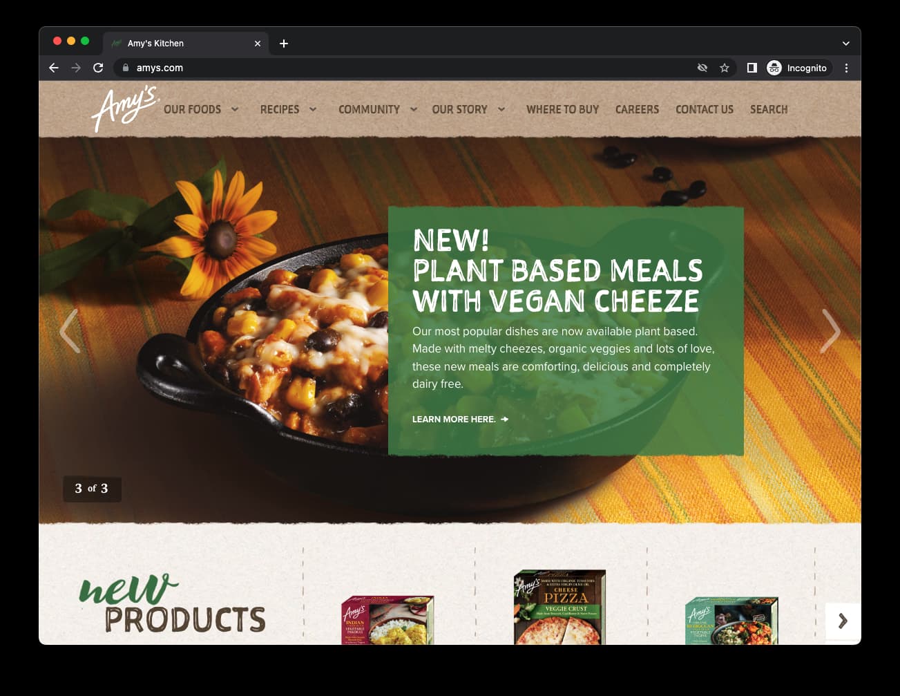 Example of a mentor brand - Screenshot of Amys.com - Amys Kitchen website