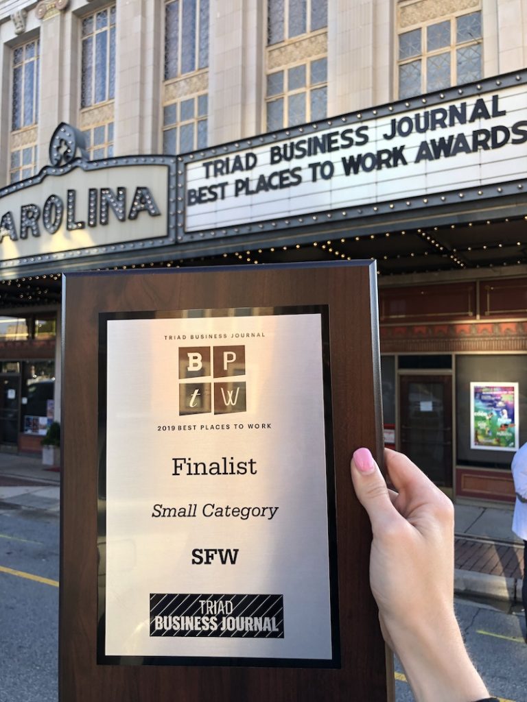 Sales Factory's award as a finalist at Triad's Best Places to Work 2019.